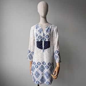 H&M LOGG White Blue Boho Tunic Dress Size 10